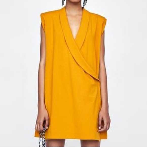 Zara Gold Sleeveless Shoulder Pad Mini Wrap Dress - Picture 2 of 7